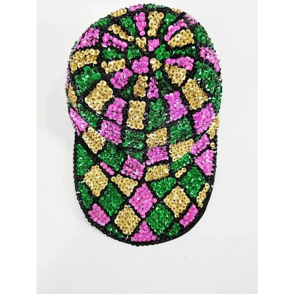 Vintage JC '80s New Orleans Sequined Harlequin Pattern Marti Gras Baseball Hat